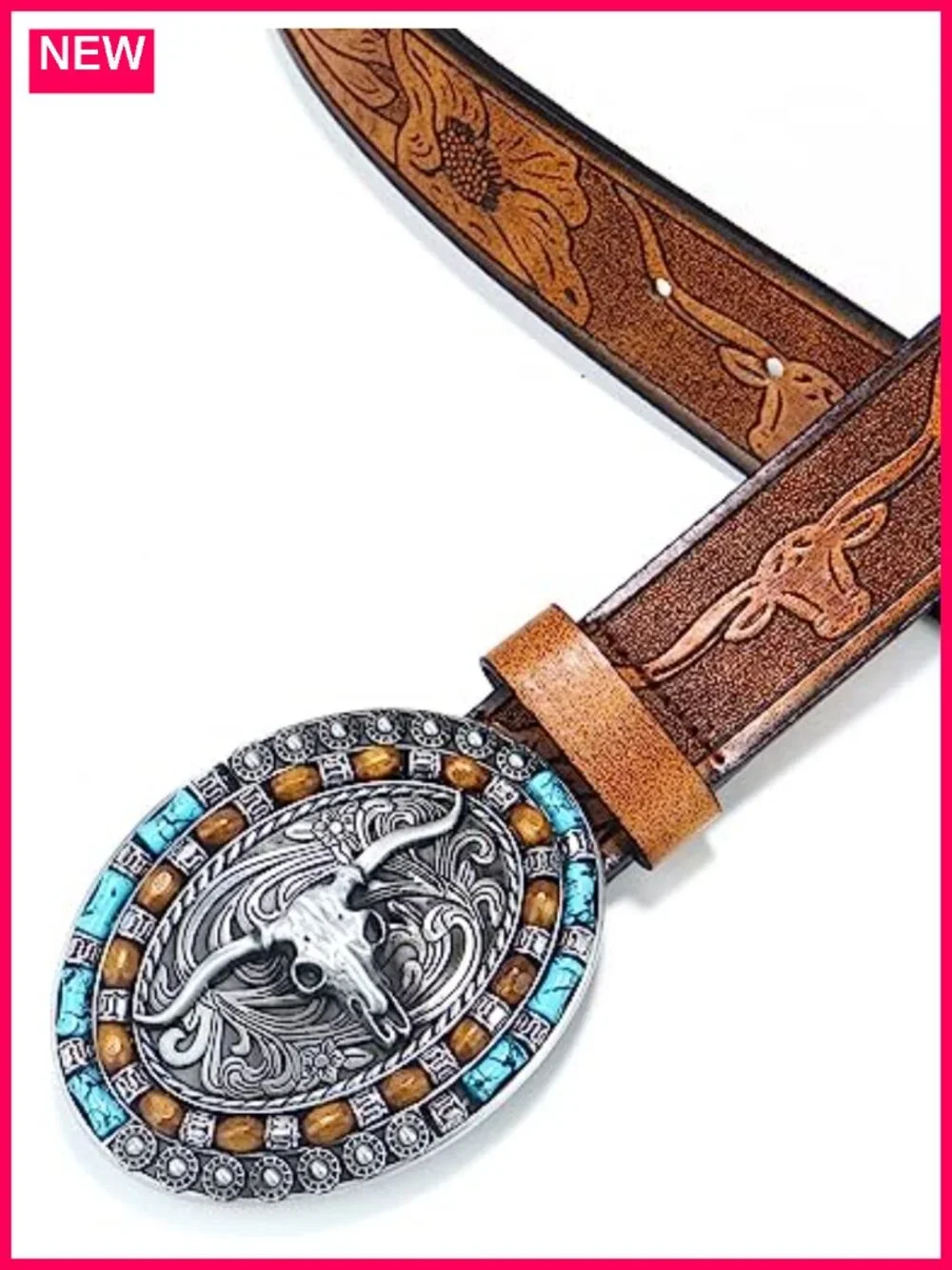 Western Cowgirl Leather Belt Turquoise Oval Buckle Embossed Faux Leather